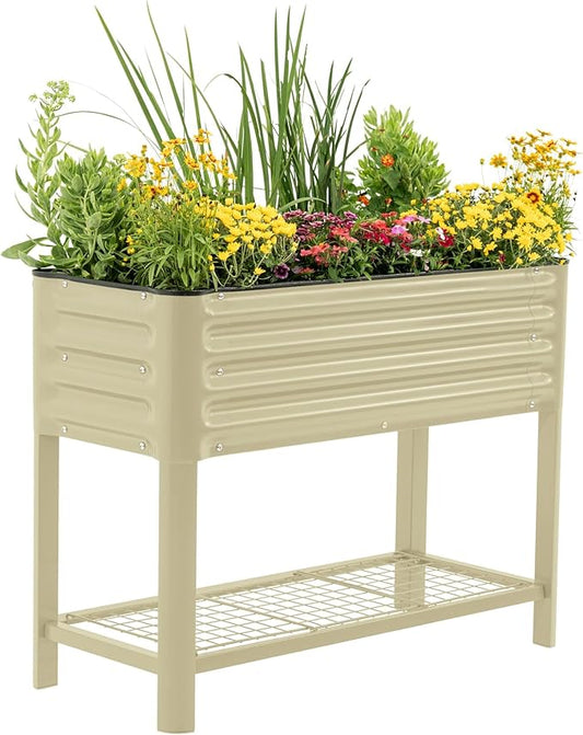 Elevated Raised Garden Bed- Slim Series, 1.5' x 3.5' Outdoor Planters Boxes with Legs & Storage Rack for Patio, 500 Lbs Weight Capacity, Raised Beds for Gardening Herbs Vegetables Flowers, Pearl White