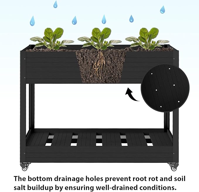 WPC Raised Garden Bed, Waterproof Elevated Planter Box with Legs and Wheels for Outdoor, Standing Patio Planters for Vegetables Flowers Herbs with Drainage Holes, Black
