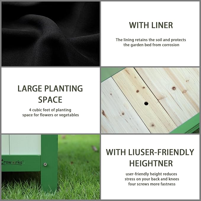 Raised Garden Bed Outdoor, Cedar Wooden Planter Boxes with Trellis, 17.7”L x 16.1”W x 27.6”H Raised Planter Box with Legs for Backyard, Patio, Balcony with Bed Liner (Green)