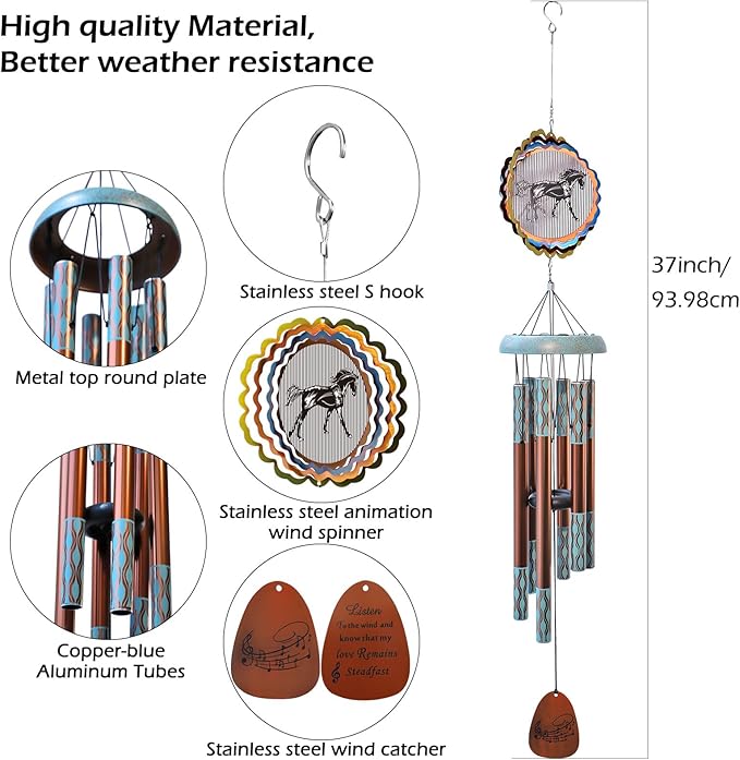 Wind Chimes for Outside with 3D Animations Horse Wind Spinner,37" Memorial Wind Chimes Outdoor Garden Decor,Horse Gifts for Women Mom Grandma Men Father,Patio Decorations,Garden Ornaments