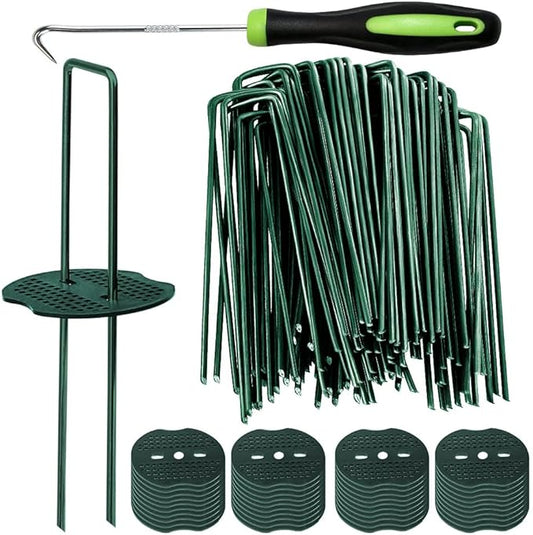 Bakulyor 200pcs Green Artificial Turf Stakes Staples + 200pcs Buffer Washer, 6 Inch 11 Gauge Landscape Staples, Galvanized Lawn Spikes, Heavy Duty Yard Ground Pin for Grass Weed Barrier Sod Fabric