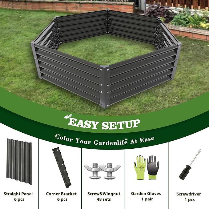 A ANLEOLIFE 3 Set Hexagon Galvanized Raised Garden Beds Outdoor,70x60x18in Metal Planter Box for Planting Vegetables Flowers Herb, Anti-Rust & Easy-Setup, Quartz Grey