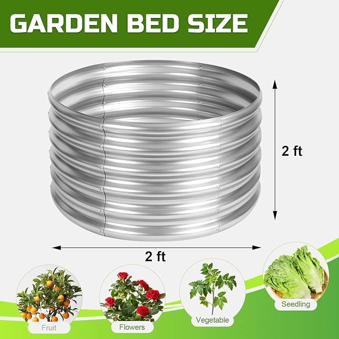 AHEONLAR 3PCS 2x2x2FT Galvanized Raised Garden Bed Kit Round Metal Flower Box Large Planter Raised Beds Outdoor Garden for Planting,Fruit,Herb Silver