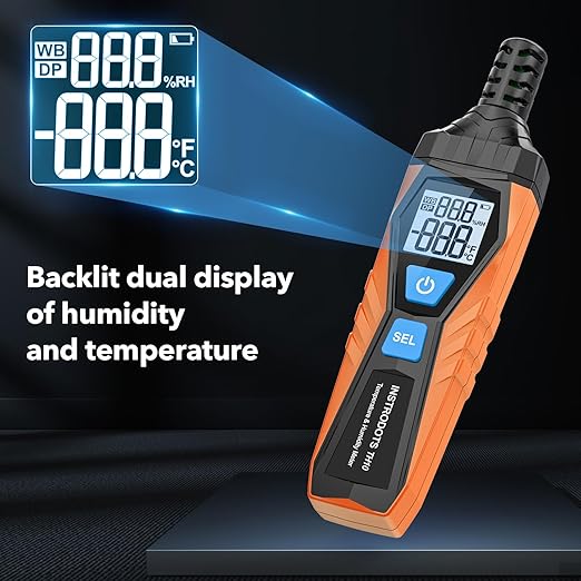 Temperature Humidity Meter, High Precision Thermometer Hygrometer with Ambient, Dew Point, Wet Bulb Thermometer, Dual Display Temperature & Humidity with LCD Backlight, TH10