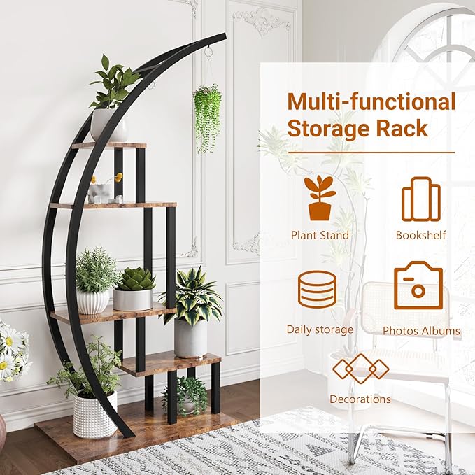 CABIHOME 5-Tier Tall Metal Indoor Plant Stand - Half-Moon Garden Plant Holder w/ 4 Hanging Hooks - Round Flower Shelf Rack for Home, Balcony, Living Room & Garden Decor