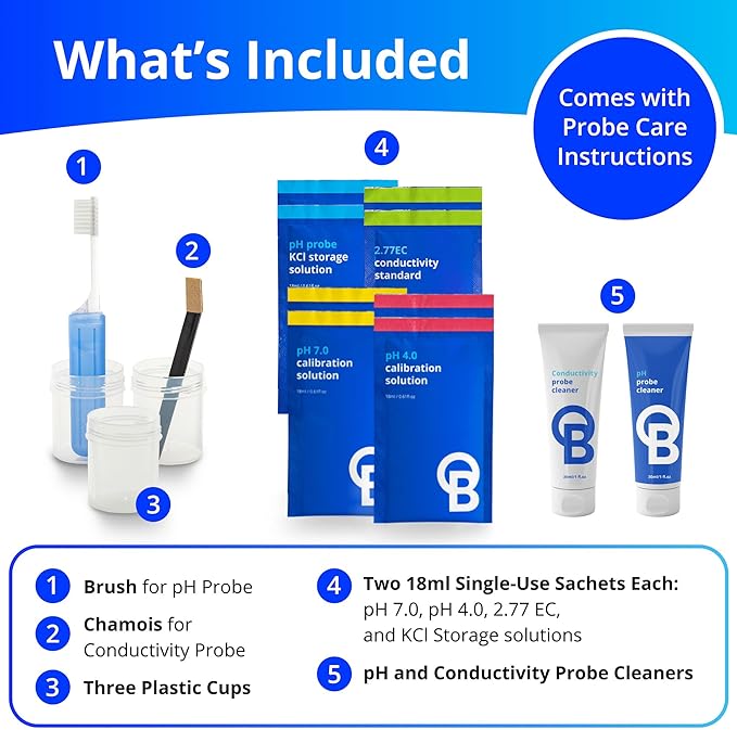 CAREKITPHCON Probe Care Kit for pH and Conductivity (TDS/PPM) Probes and Pens with 4 Solutions and Cleaners, Cleaning Kit Tool for Hydroponic system and Indoor Plant Grow