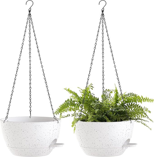 10 Inch Hanging Baskets 2 PC with Chains, Self-Watering Hanging Planters for Indoor Outdoor Plants, Plastic Hanging Flower Pots,Speckled White