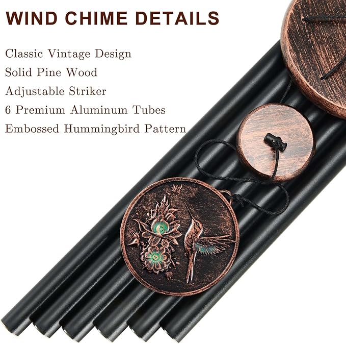 Wind Chimes for Outside, Vintage Hummingbird Deep Tone Wind Chime Outdoor Clearance, Patio Porch Balcony Decoration, Garden Hanging Decor Gifts for Women Mom Grandma (34" Hummingbird)
