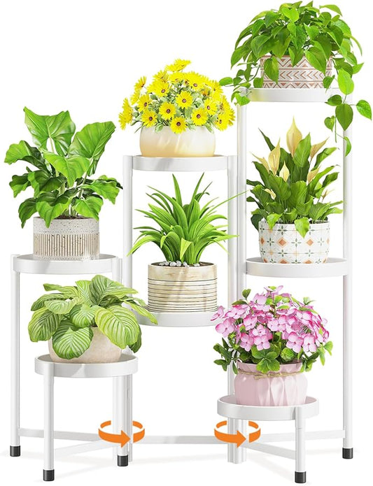 LASZOLA 7 Tiered Folding Tall Plant Stand Indoor for Multiple Large Planter, Heavy Duty Metal Adjustable Flower Rack for Narrow Corner, Sturdy Vertical Spiral Shelving Holder for Modern House, White