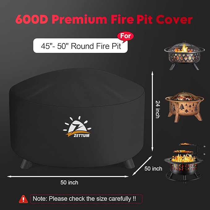 Zettum Fire Pit Cover Round 50 Inch - Outdoor Firepit Cover Heavy Duty & Waterproof, 600D Patio Fire Table Cover Large Gas Fire Pit Accessories Fade & Weather Resistant - 50 x 50 x 24 Inch