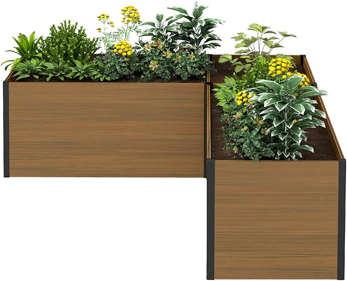 Modular Raised Garden Bed - Expandable Design with Composite Panels & Aluminum Frame - Perfect for Flowers, Vegetables, Herbs - Outdoor Planter Cuboid Box for Patio, Balcony, Backyard (Brown)