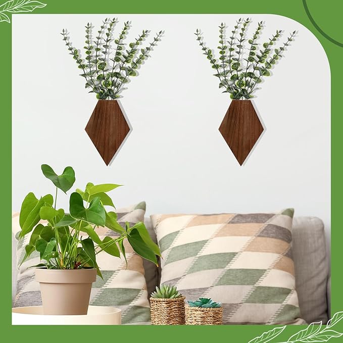 Chunful 2 Pcs Wooden Wall Planter Decor Hanging Fake Plants Greenery Flowers Holder Vase Boxes for Wall Bohemian Farmhouse Room Kitchen Office Indoor Decoration(Walnut Color,7.1 x 4.7 x 1.2 Inches)