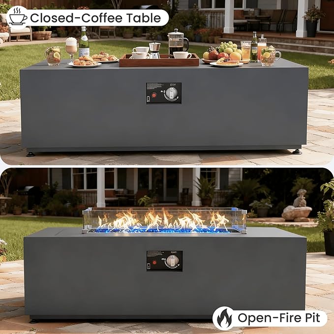 42" Propane Fire Pit Table Set with Tank Holder, Rectangle 2-Piece Outdoor Firepit Wind Guard, Lid, Glass Stones and Cover