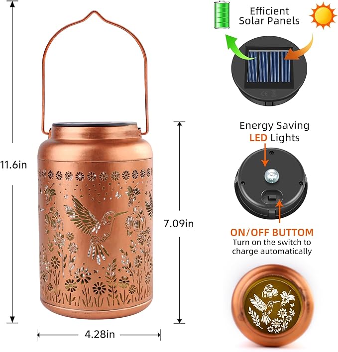Hummingbird Solar Lanterns Outdoor Waterproof Hanging Hummingbird Solar Lights Metal Decorative LED Lantern Outside Decor for Garden,Yard,Patio,Lawn, Gifts for Women Mom Men Grandma 2Pack