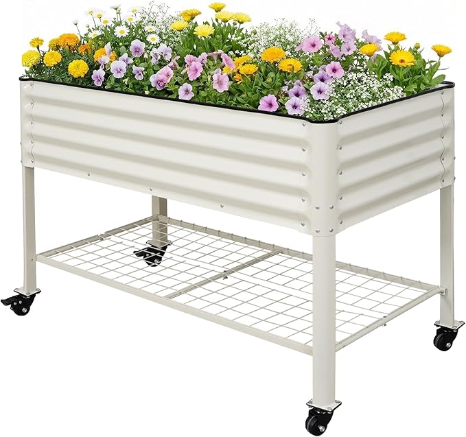 STBoo Elevated Raised Garden Bed with Legs and Wheels- 48''x24''x32'' Galvanized Metal Standing Planter Boxes Outdoor with Bottom Storage Shelf for Backyard, Patio, Balcony, Vegetables, Flowers, White