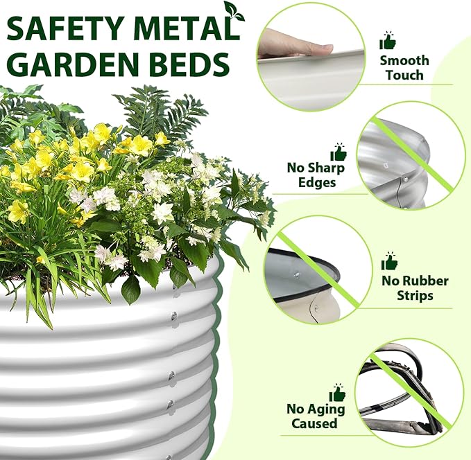 A ANLEOLIFE 6X3X2 ft Galvanized Raised Garden Beds Outdoor-4 Pack, Oval Large Metal Deep Root Planter Box for Planting Vegetables Flowers Herb, Anti-Rust & Easy-Setup, Antique White