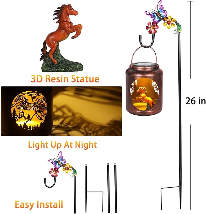 Solar Lanterns Outdoor Waterproof Metal Horse Patterns with Resin Horse Inside Garden Decor Gifts for Women Mom Grandma Hanging Solar Lights Decoration Outside for Yard, Patio, Backyard, Porch