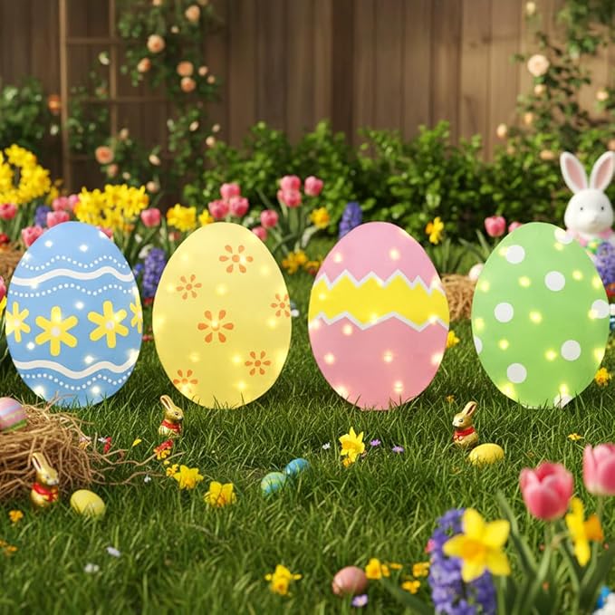 EAMBRITE Easter Decorations Outdoor Easter Egg Egg Lights, 3-in-1 Lighted Eggs Stake/Hanging/Table with Timer for Yard Signs, Lawn, Home, Pathway, Garden, Spring, Indoor Outside Decor