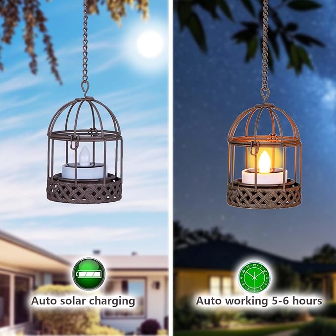 Solar-Hanging-Lanterns-Outdoor-Waterproof, Rust Birdcage Style Candle Holders with Flickering Solar Tea Lights for Backyard Patio Garden Fence Tree Decoration (4 Pack)