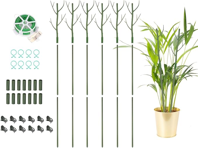 uxcell Plant Support Stakes Set, 6 Pcs Twig Plant Stem Support Structures 43.3" Plants Branches Supports with Extension Poles, Orchid Clips, Plants Tie for House Potted Monstera, Green