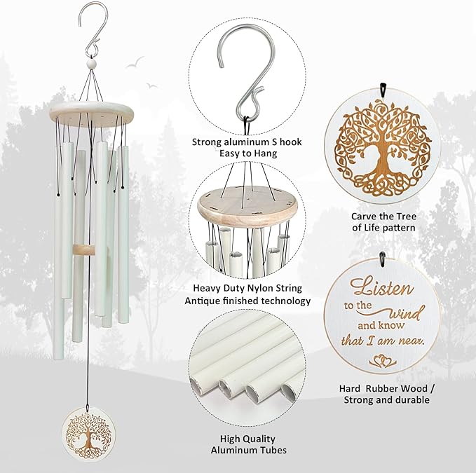 Tree of Life Wind Chimes Outdoor Clearance WindChimes for Loss of Loved One,33" Memorial/Sympathy Gifts for Friend/Mother/Father,Wind Chimes for Outside Garden,Home,Yard Decor(White)