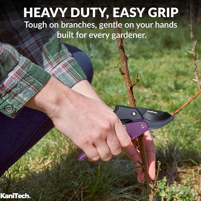 KaniTech Pruning Shears for Gardening with Gloves - Heavy Duty Garden Shears, Aluminum Hand Pruners with TPR Grip Handle, 8 inch 3.55mm Thick Blade - for Branches, Flowers & Plants (Purple)