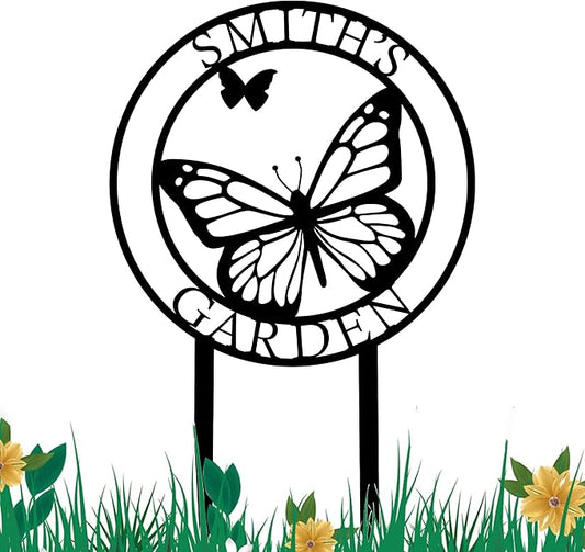 Custom Butterfly Metal Garden Sign with Stakes, Metal Yard Art, Personalized Butterfly Home Garden Decor, Garden Family Name Sign for Outdoor New Home Gift for Outside, Patio Decor, Housewarming Gift