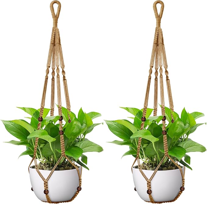 USLAI Macrame Plant Hanger Indoor Outdoor, Up to 4-15 inch Pot, Heavy 20lb Planters, Extra Long Strong Hanging Planter Basket, Boho Home Decor, 35 Inch, Brown, Set of 2 (POTS NOT Included)