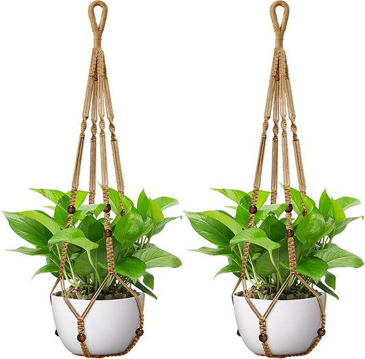 USLAI Macrame Plant Hanger Indoor Outdoor, Up to 4-15 inch Pot, Heavy 20lb Planters, Extra Long Strong Hanging Planter Basket, Boho Home Decor, 35 Inch, Brown, Set of 2 (POTS NOT Included)
