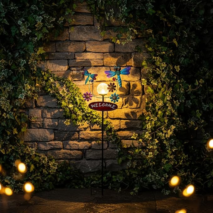 Solar Garden Stakes Metal Welcome Signs for Outside 30.3', 2 Flying Dragonflies with Cracked Glass Ball,Decorative Garden Stakes for Lawn, Patio, Dragonfly Gifts for Women