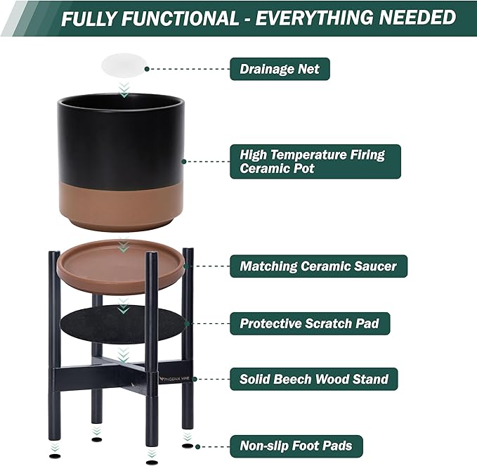 D'vine Dev Ceramic Planter with Ebony Stand - 14 Inch Modern Round Flower Pot with Wood Planter Holder, Black/Speckled Tan, 55-B-S-7