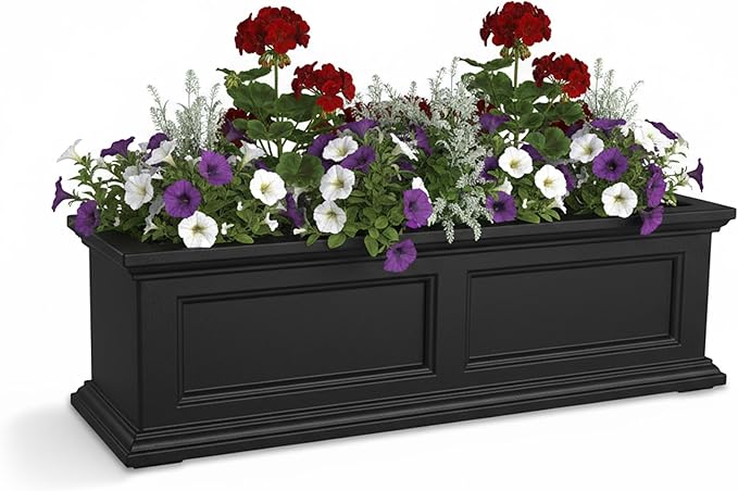 Mayne Fairview 3ft Durable Self Watering Window Box Planter with Wall Mount Brackets, UV & Weather Resistant, Double Wall Design, New England Architecture for Outdoor Décor, Black
