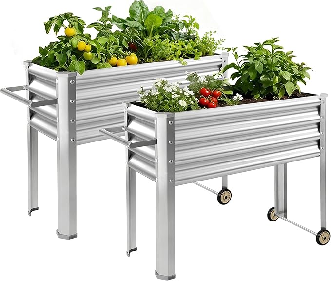 Land Guard 2 Pack Galvanized Raised Garden Bed with Legs & Wheels, 36×12×32in Metal Elevated Raised Planter Box for Backyard, Patio, Balcony, 300lb Capacity, Silver