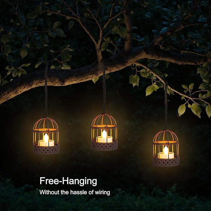 Solar-Hanging-Lanterns-Outdoor-Waterproof, Rust Birdcage Style Candle Holders with Flickering Solar Tea Lights for Backyard Patio Garden Fence Tree Decoration (3 Pack)