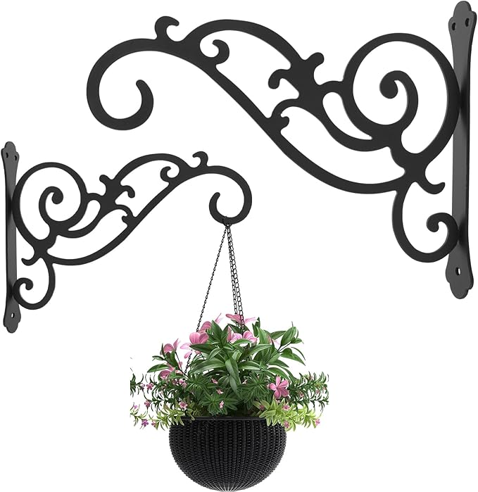 2 Pcs Hanging Plant Bracket 12-Inch, Outdoor Indoor Wall Hook Hanging Plant Brackets, Black Iron Planter Hangers Hooks for Hanging Plant, Bird Feeder, Flower Basket, Lanterns, Wind Chimes, Ornaments
