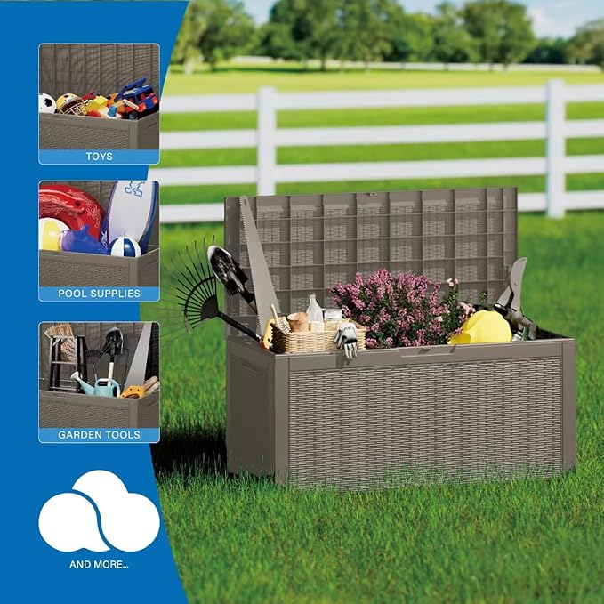 Mersco 100 Gallon Double-Wall Resin Deck Box - Lockable Waterproof Outdoor Storage Box, 1000lbs Capacity & Doubles as Seating for Patio Furniture - Garden Tools, Pool Accessories (Grey)