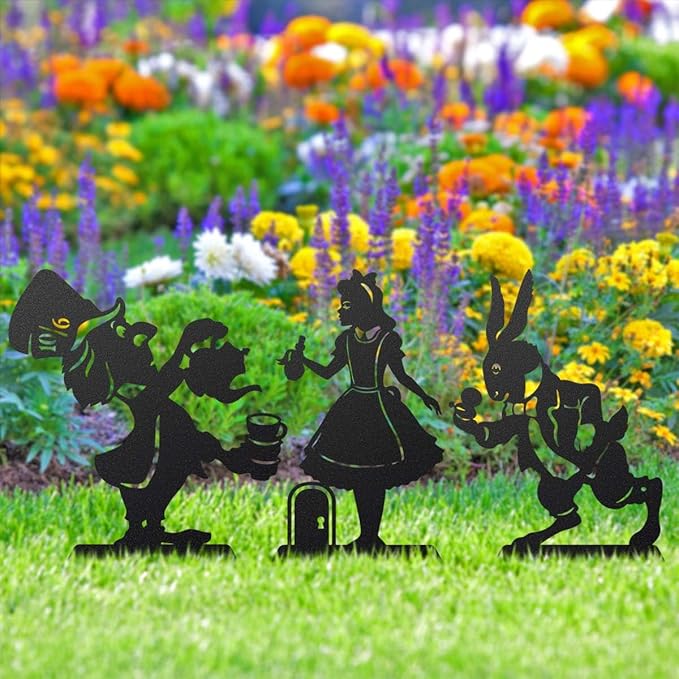 Alice in Wonderland Garden Stakes – Set of 3 | RealSteel Original Outdoor Yard Art Featuring Alice, White Rabbit & Mad Hatter | Rust-Resistant, American-Made Metal Décor | Black Finish