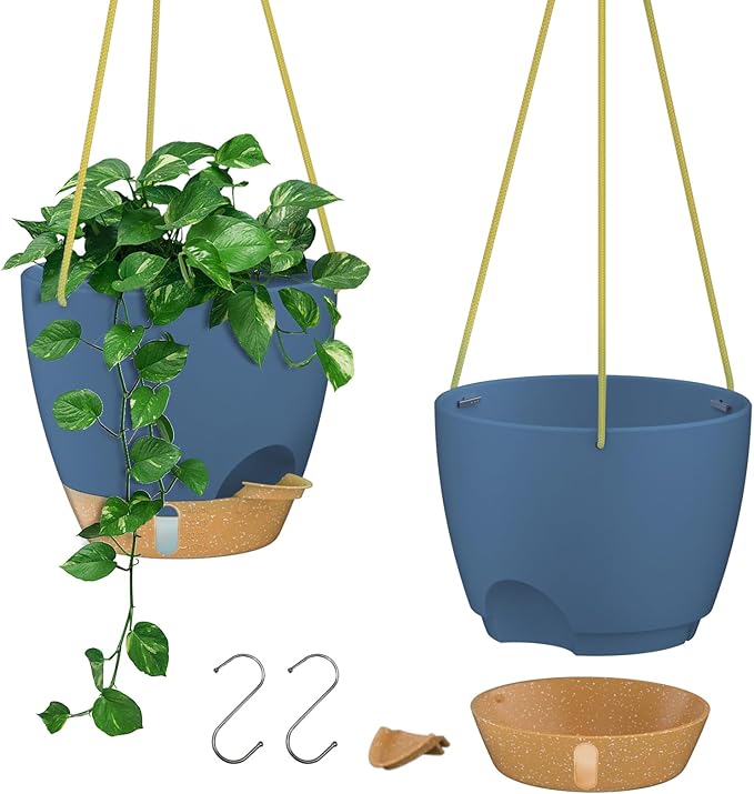 ZMTECH 10 Inch Hanging Planters for Indoor Plants & Outdoor - 2 Pack Self-Watering Hanging Pots with Drainage Holes, Visual Reservoir, Plastic Hanging Baskets Flower Pots with Removable Saucer, Blue
