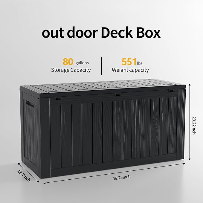 Mersco 80 Gallon Double-Wall Resin Deck Box - Lockable Waterproof Outdoor Storage Box, 515lbs Capacity & Doubles as Seating for Patio Furniture - Garden Tools, Pool Accessories (Black)