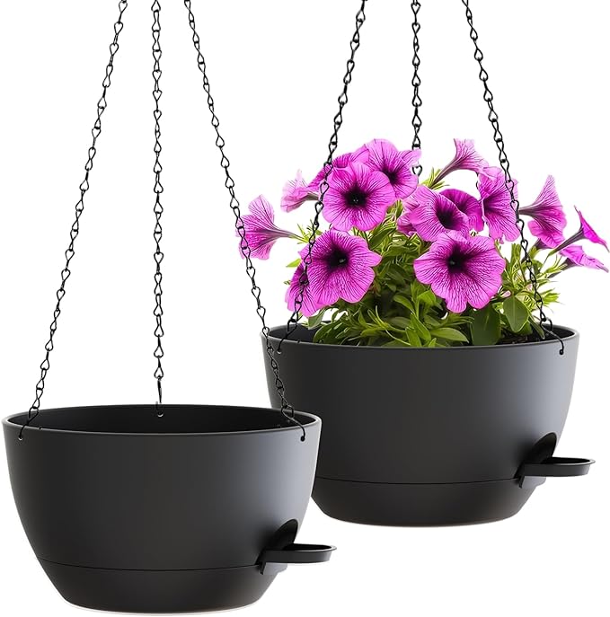 WOUSIWER Self Watering Hanging Planters, 2 Pack 12'' Plastic Pots with Drainage Holes & Reservoir Tray (Black) | Indoor & Outdoor Use for Ferns, Ivy, Herbs, Succulents