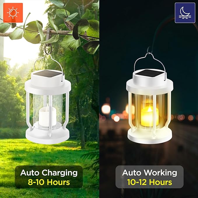 Solar Lantern Outdoor & Indoor Use – Hanging Solar Lights with Realistic Flickering Flameless Candle, Weatherproof for Gardens, Patios, Trees, and Lawns (White, 8 Pack)