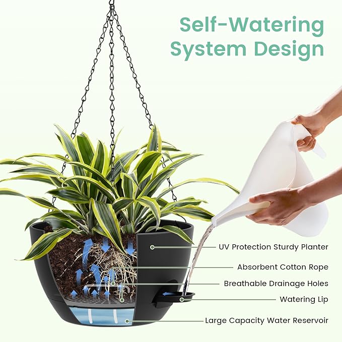 Set of 3-10 Inch Self Watering Hanging Planters for Indoor & Outdoor，Hanging Plant Pots with Drainage & Removable Tray, Modern Hanging Pots Holder for Ivy, Spider Plants, Ferns, Balcony & Patio, Black