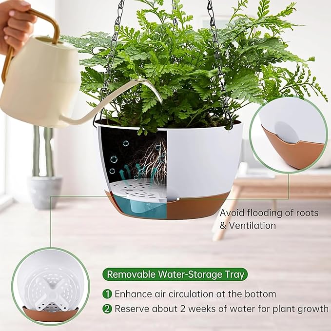 Kvetto Set of 2 8 Inch Self Watering Hanging Planters for Indoor Outdoor Plants, Color Blocking Hanging Baskets Flower Pots with Drainage Hole & Removable Water-Storage Tray