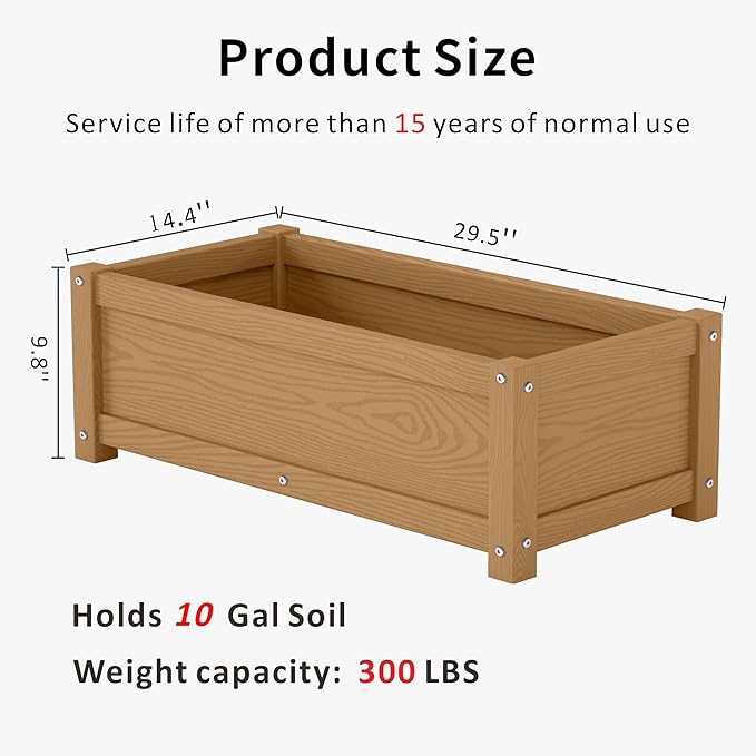 HDPE Raised Planter Box Outdoor,Rot-Resistant and Non-Cracking,Raised Beds for Gardening 29.5 * 14.4 * 9.8 in for Yard,Lawn,Outdoor Planter Boxes Rectangle with Drainage Holes Brown