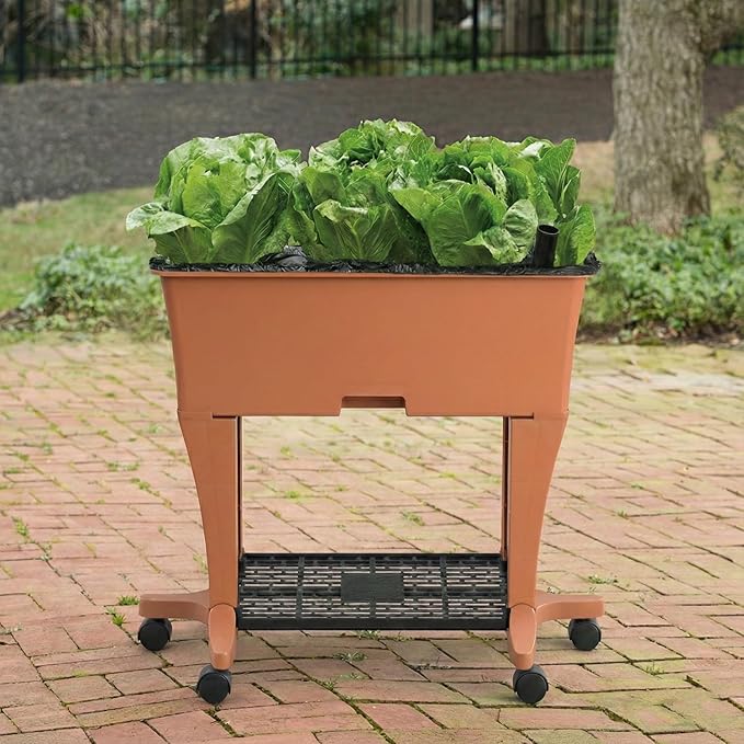 EarthBox Raised Garden Bed with Legs – Elevated Self Watering Planter Box with Wheels, Storage Shelf, Premium Plant Food, Easy Assembly, Made in USA, Terra