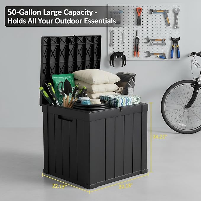 50 Gallon Resin Deck Box with Lockable Lid - Outdoor Waterproof Storage for Patio Furniture, Garden Tools, Cushions & Pool Accessories, Wood Grain Design, All-Weather Durable
