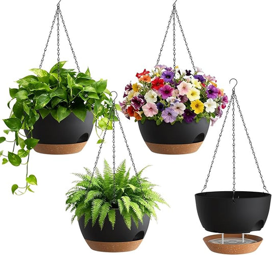 UOUZ 4 Pack 8 Inch Self Watering Hanging Planters for Indoor Outdoor Plants，Hanging Pots for Plants with Drainage Removable Tray, Hanging Baskets Flower Pots for Pothos Spider Garden Black with Brown