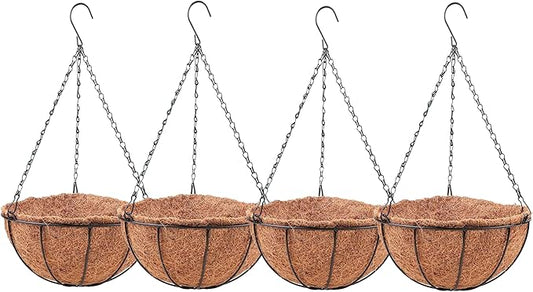 LaLaGreen Hanging Baskets for Plant Outdoor (4 Pack, 16 Inch) Extra Large Hanging Planter with Coco Liner Black Round Metal Wire Flower Pot Holder Hanger Deck Porch Garden Balcony Rustic Country Decor
