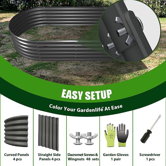 A ANLEOLIFE 8 Pcs 6X2X1.5 ft Oval Round Galvanized Raised Garden Beds Outdoor for Planting Vegetables Flowers Herb, Quartz Grey