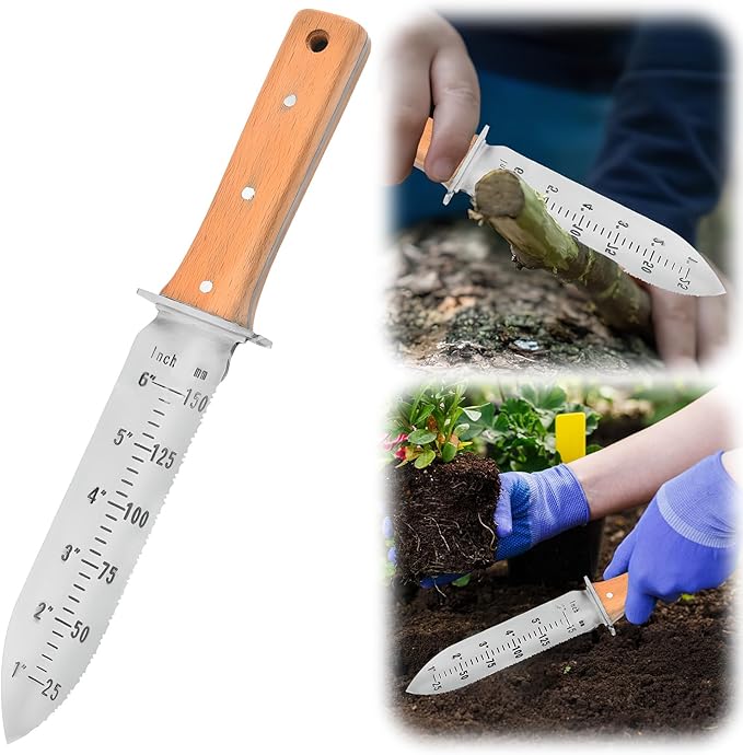 Garden Shovel Saw,Multifunctional Manual Weeding Tool for Weeding,Digging,Pruning,Cultivating, 7" Stainless Steel Blade with Sheath, Full-Tang Wood Handle with Hanging Hole (Beige)